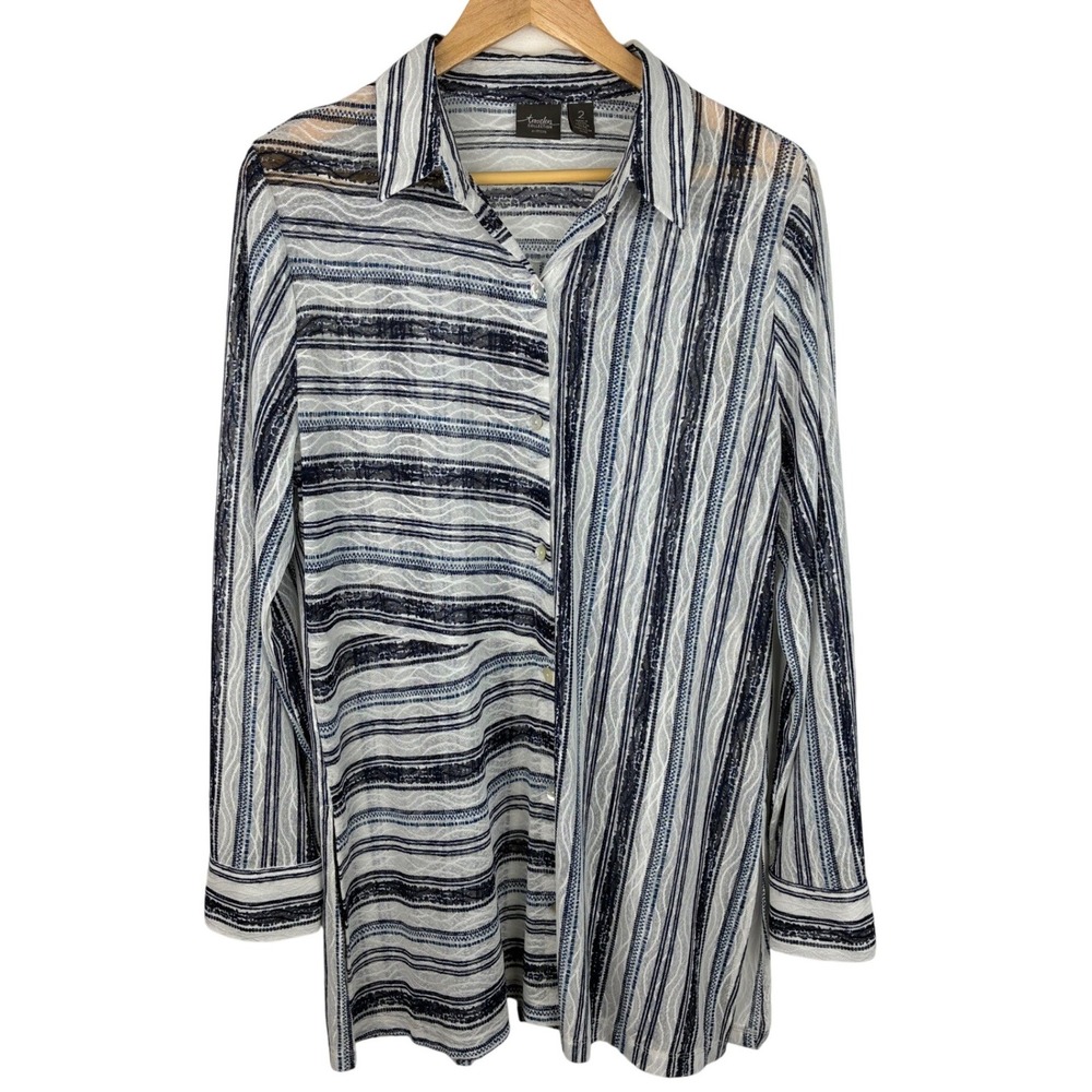 Chico's Travelers Collection Semi Sheer Mesh Striped Tunic Shirt Side Slits (L) - Picture 2 of 10